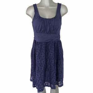 MAITAI ModCloth A Line Midi Dress Medium Artisan Iced Tea Navy Blue Floral Lace